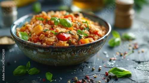 A gourmet bowl of cooked rice with colorful vegetables, topped with herbs and potentially spices.