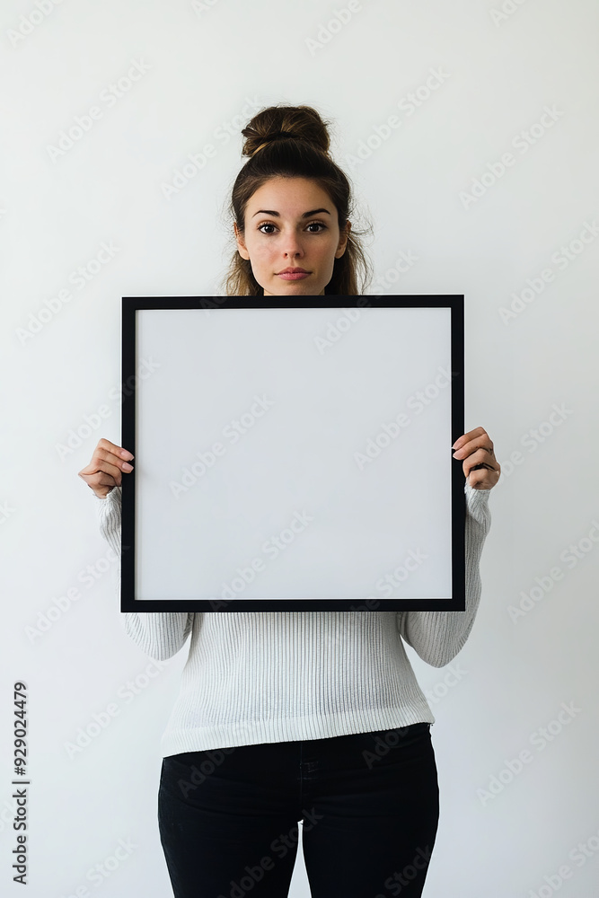 A woman holds a blank photo frame against a white background, offering ample empty space for customizable content A woman holds a blank photo frame against a white background, offering ample empty space for customizable content
