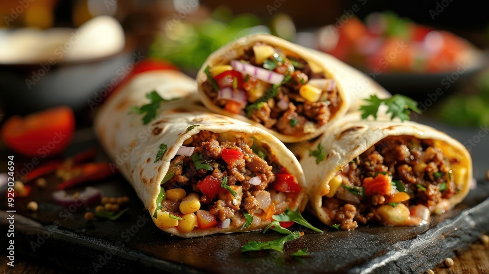 two beef burrito wraps on a wooden table, garnished with cilantro. two beef burrito wraps on a wooden table, garnished with cilantro.