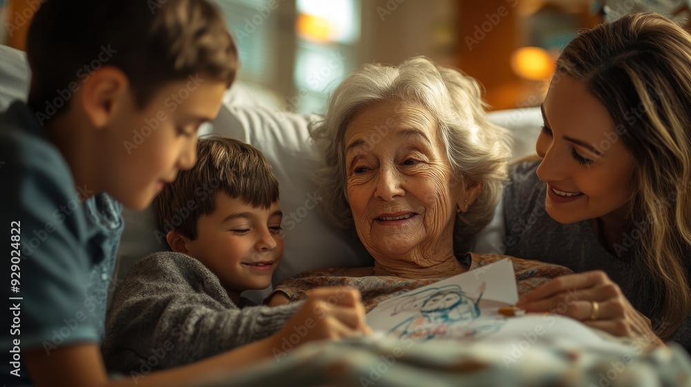 Fototapeta premium A joyful family moment with children and a grandmother sharing love and creativity in a cozy environment.