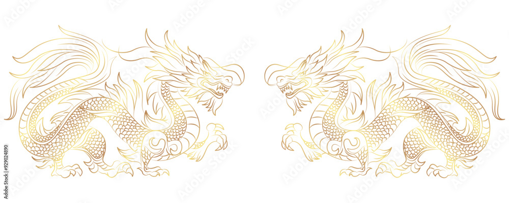 Two dragons facing each other in line art style vector illustration eps 10 Two dragons facing each other in line art style vector illustration eps 10