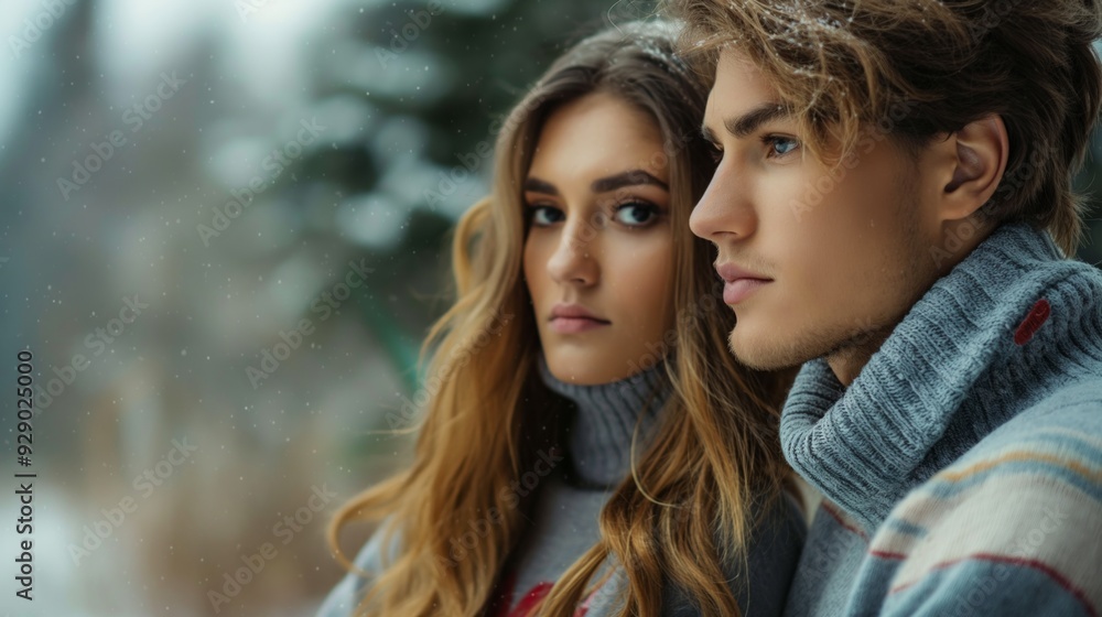 Obraz premium A stylish couple poses in a winter wonderland, showcasing their fashionable sweaters amidst falling snow.