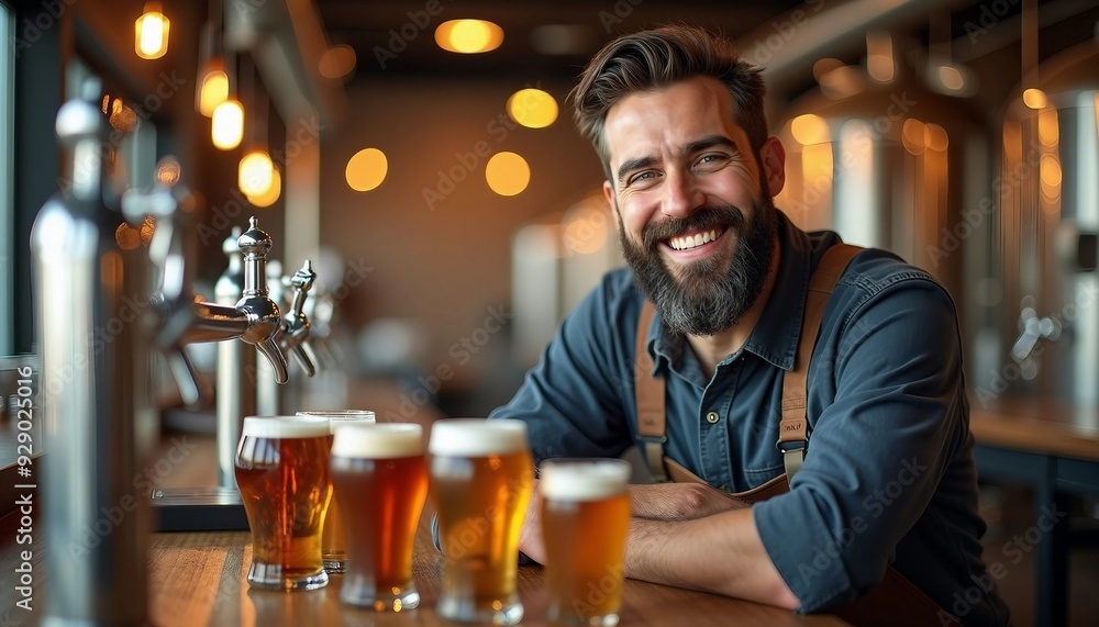 Inside a bustling brewery, a brewmaster poses with colorful beer samples, his warm smile inviting patrons as the background softly blurs. Inside a bustling brewery, a brewmaster poses with colorful beer samples, his warm smile inviting patrons as the background softly blurs.