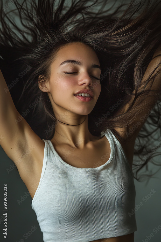 An attractive young woman dances energetically, her hair flowing gracefully with each movement. An attractive young woman dances energetically, her hair flowing gracefully with each movement.