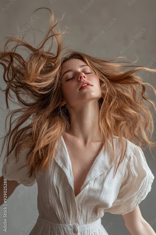An attractive young woman dances energetically, her hair flowing gracefully with each movement. An attractive young woman dances energetically, her hair flowing gracefully with each movement.