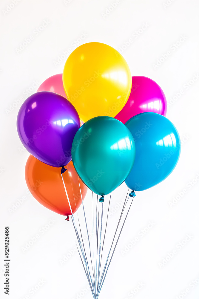 Bright balloons in various colors float against a white background, creating a cheerful and festive atmosphere Bright balloons in various colors float against a white background, creating a cheerful and festive atmosphere