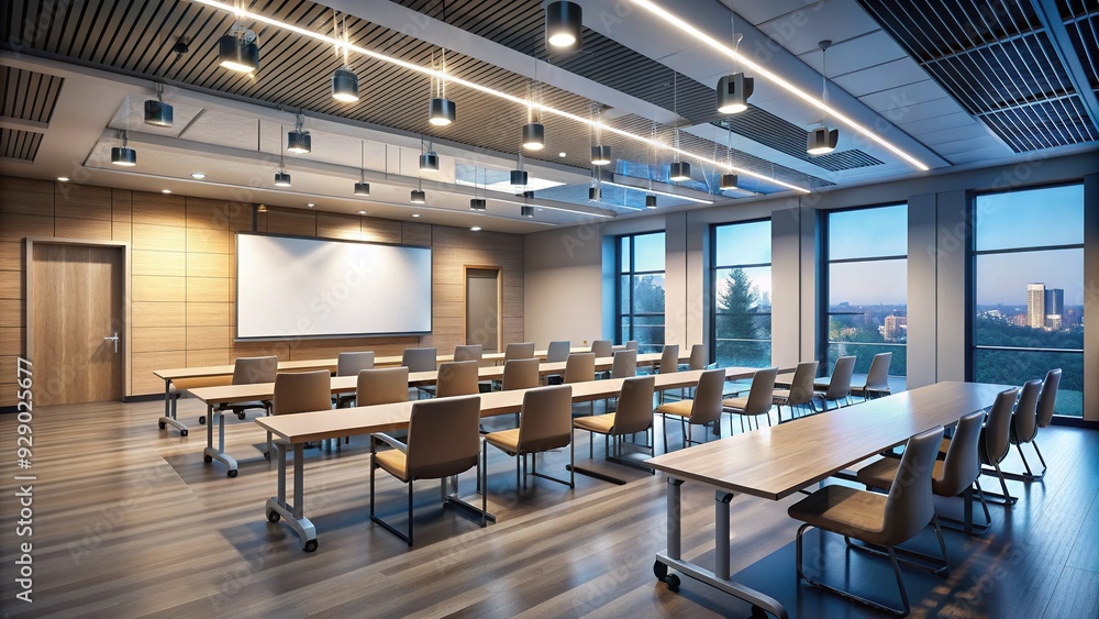 Modern educational setting with a sleek projector screen at the front, illuminated by a beam of light, amidst rows of empty chairs and desks. Modern educational setting with a sleek projector screen at the front, illuminated by a beam of light, amidst rows of empty chairs and desks.