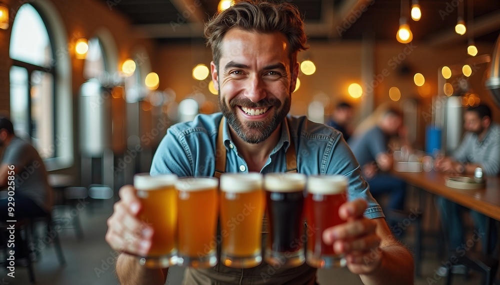 Inside a bustling brewery, a brewmaster poses with colorful beer samples, his warm smile inviting patrons as the background softly blurs. Inside a bustling brewery, a brewmaster poses with colorful beer samples, his warm smile inviting patrons as the background softly blurs.