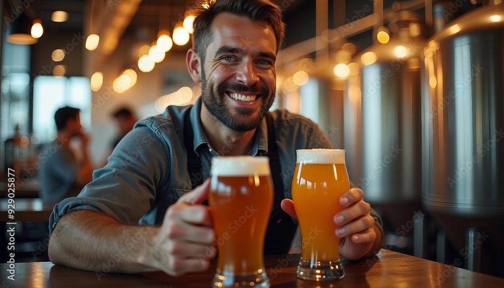 Inside a bustling brewery, a brewmaster poses with colorful beer samples, his warm smile inviting patrons as the background softly blurs. Inside a bustling brewery, a brewmaster poses with colorful beer samples, his warm smile inviting patrons as the background softly blurs.