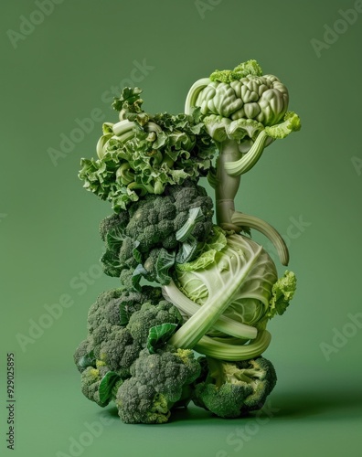 Wallpaper Mural A creative arrangement of green vegetables showcasing broccoli, kale, and cabbage against a solid green background Torontodigital.ca