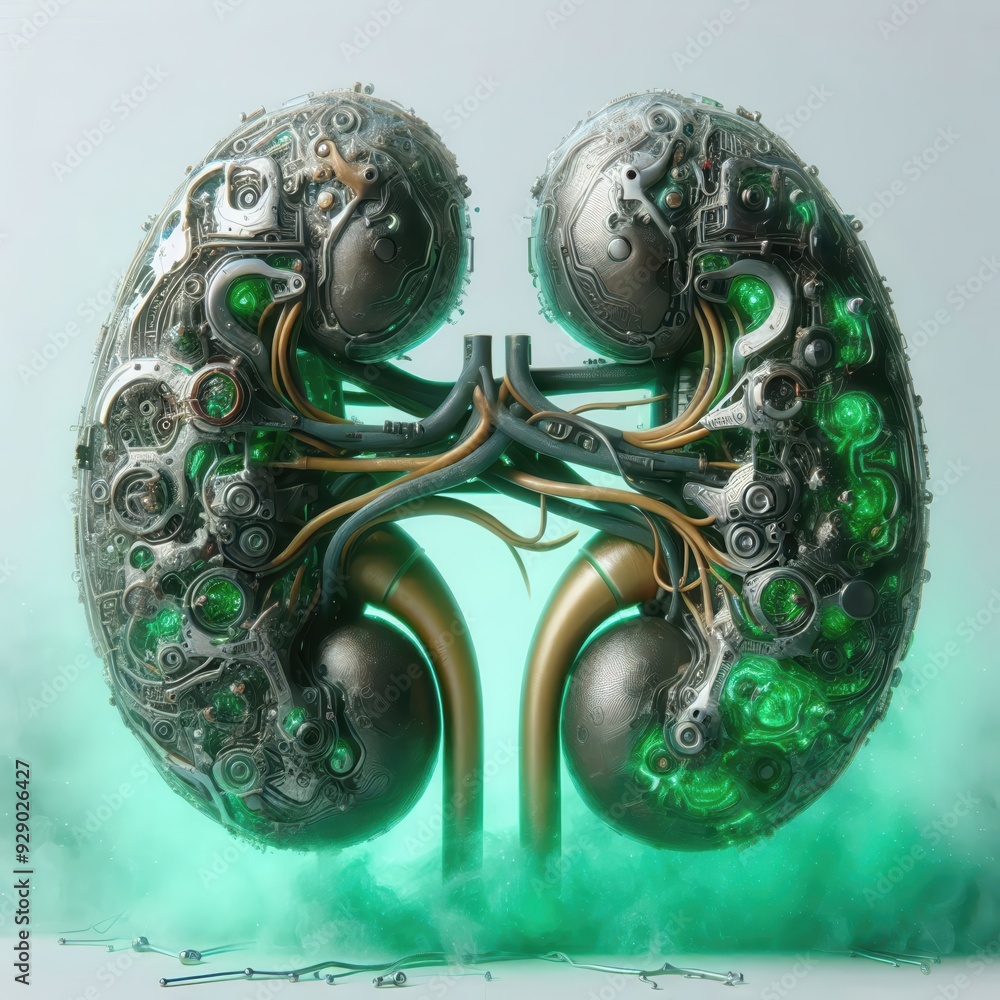 A futuristic and mechanical representation of human kidneys, blending biology with technology, perfect for health tech and sci-fi themes. A futuristic and mechanical representation of human kidneys, blending biology with technology, perfect for health tech and sci-fi themes.