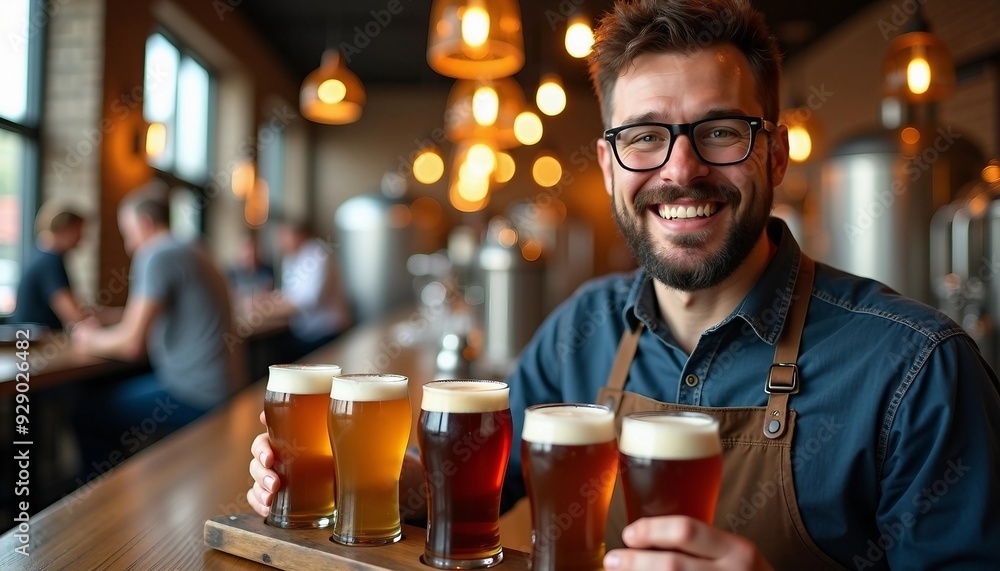 Inside a bustling brewery, a brewmaster poses with colorful beer samples, his warm smile inviting patrons as the background softly blurs. Inside a bustling brewery, a brewmaster poses with colorful beer samples, his warm smile inviting patrons as the background softly blurs.