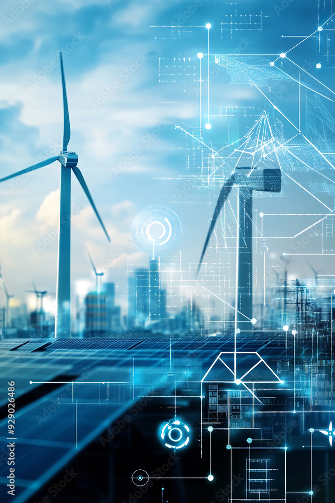 The renewable energy concept is represented through a harmonious blend of various sustainable sources