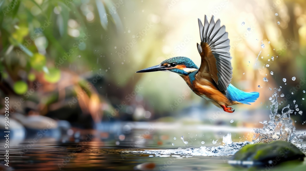 A vibrant kingfisher bird takes flight from a serene water body, creating splashes. Lush green foliage serves as the perfect natural backdrop. A vibrant kingfisher bird takes flight from a serene water body, creating splashes. Lush green foliage serves as the perfect natural backdrop.