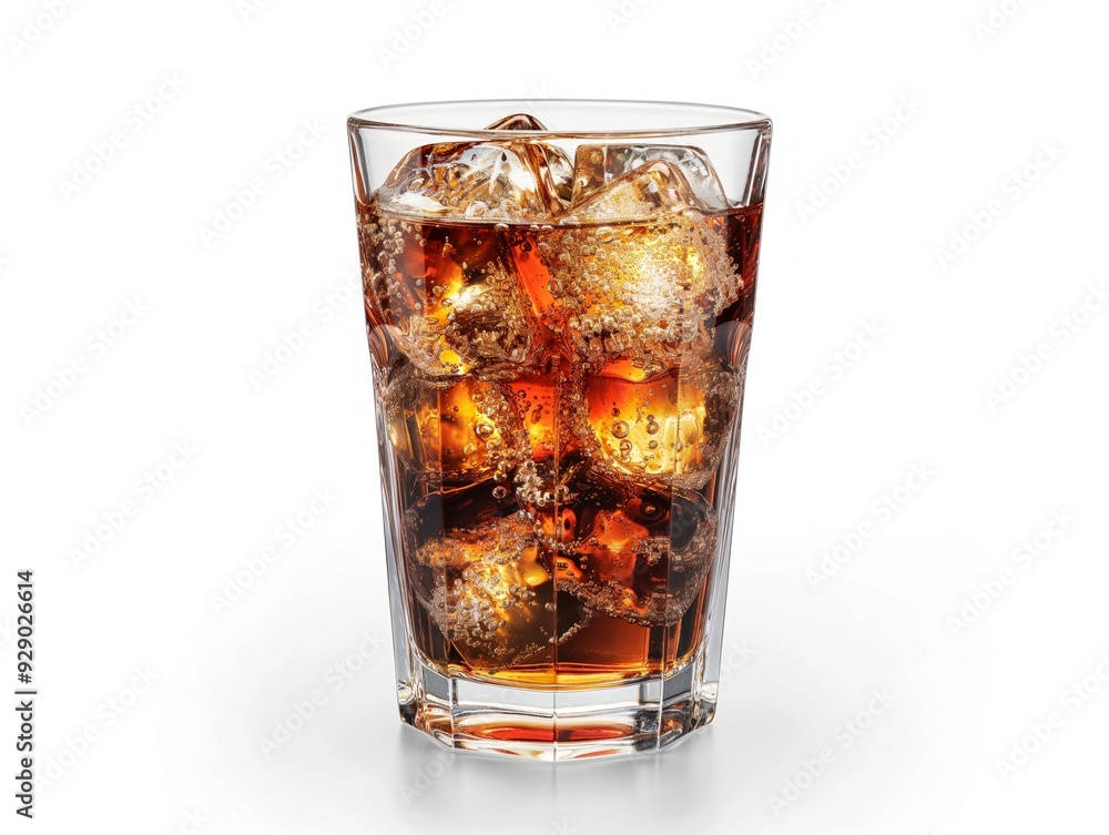 A glass of cold soda with ice cubes, creating a refreshing, sparkling beverage. A glass of cold soda with ice cubes, creating a refreshing, sparkling beverage.