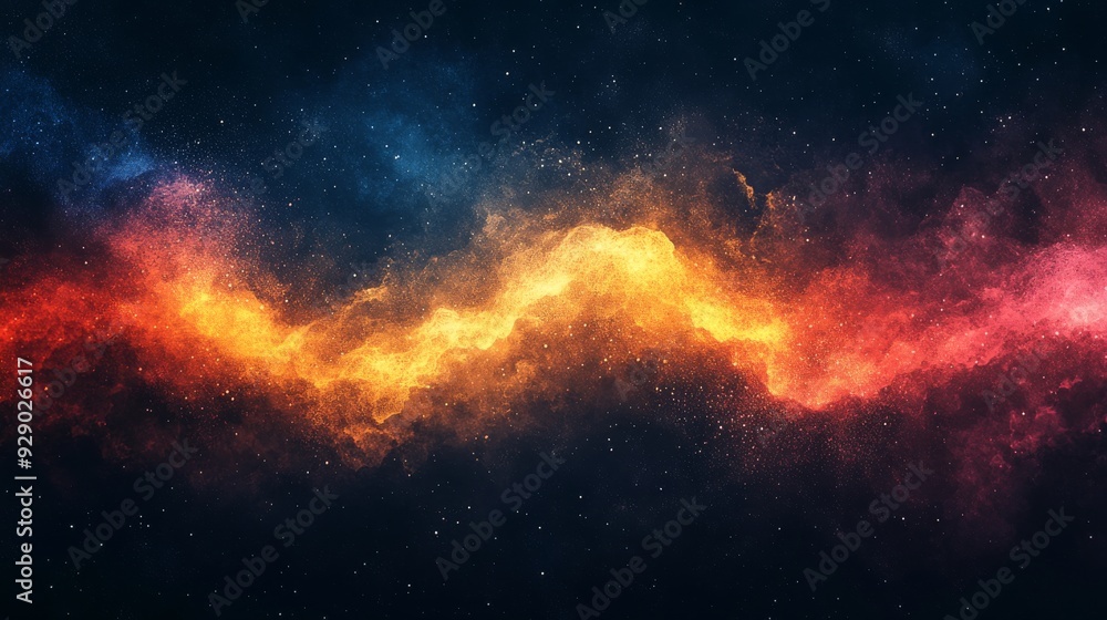 Obraz premium Grainy gradient background blue pink yellow abstract glowing color wave black dark backdrop noise texture.