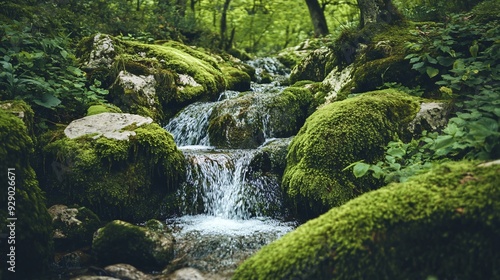 Small waterfall cascading over moss covered rocks in a lush green forest photo