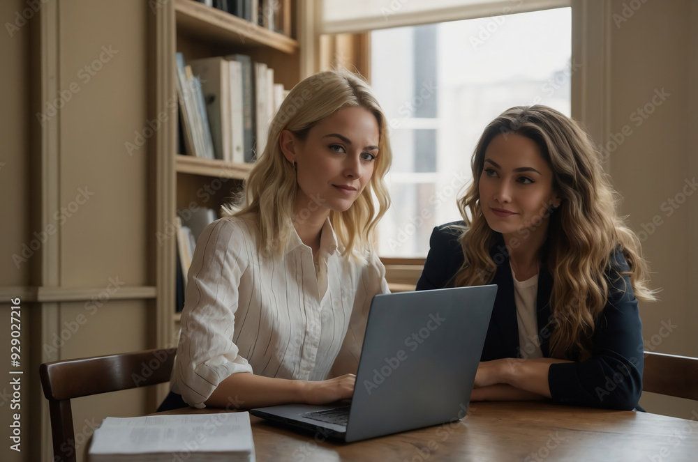Two Professional Women Collaborating on a Laptop in a Modern Office with Bookshelves Two Professional Women Collaborating on a Laptop in a Modern Office with Bookshelves