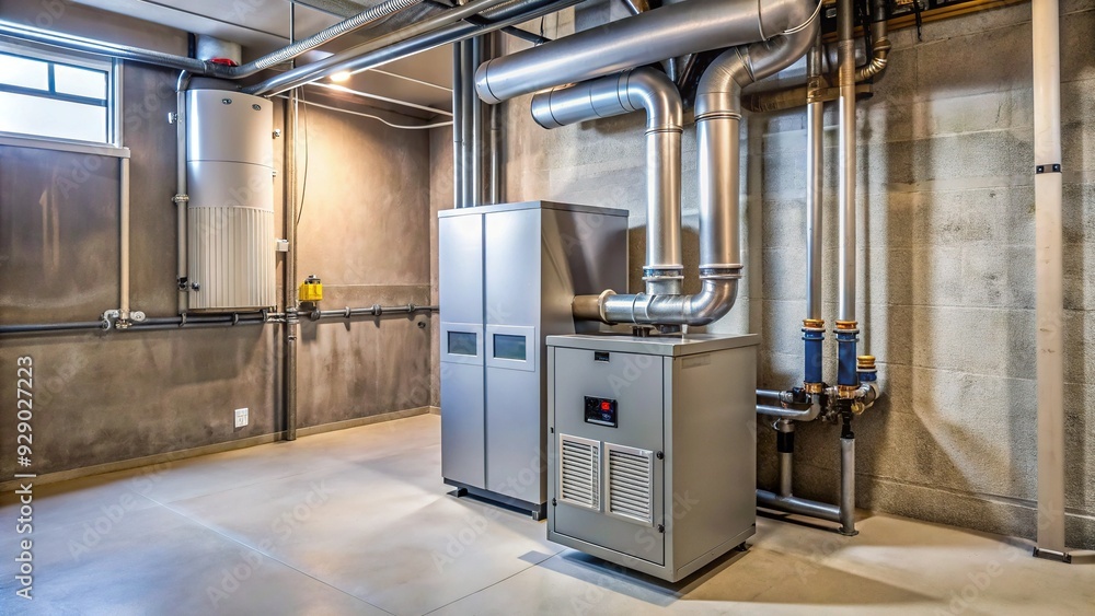 Modern gas furnace with electronic ignition and horizontal vents installed in a basement, ready to provide warm and efficient heating to a home.