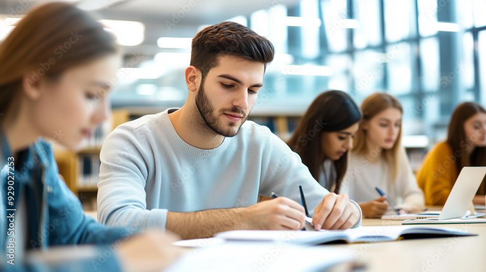 A group of university students studying in a well-lit, modern library. The scene captures the collaborative and individual efforts of students as they prepare for exams or work on A group of university students studying in a well-lit, modern library. The scene captures the collaborative and individual efforts of students as they prepare for exams or work on