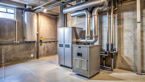 Modern gas furnace with electronic ignition and horizontal vents installed in a basement, ready to provide warm and efficient heating to a home. photo