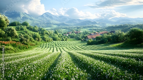 Lush Green Organic Farm with Sprawling Crops and Pastoral Countryside