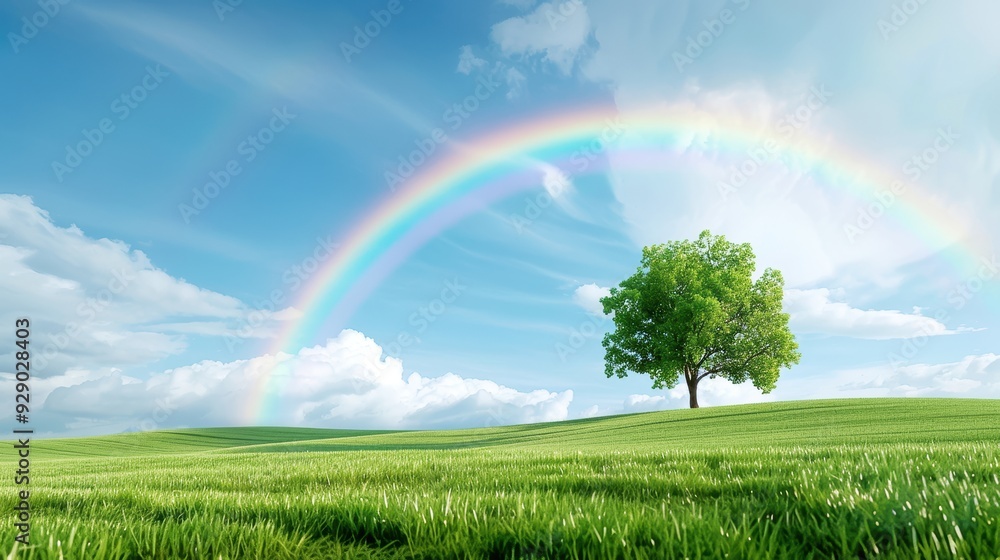 Beautiful green field with a lone tree under a vibrant rainbow and blue sky with clouds. Perfect nature scenery. Beautiful green field with a lone tree under a vibrant rainbow and blue sky with clouds. Perfect nature scenery.