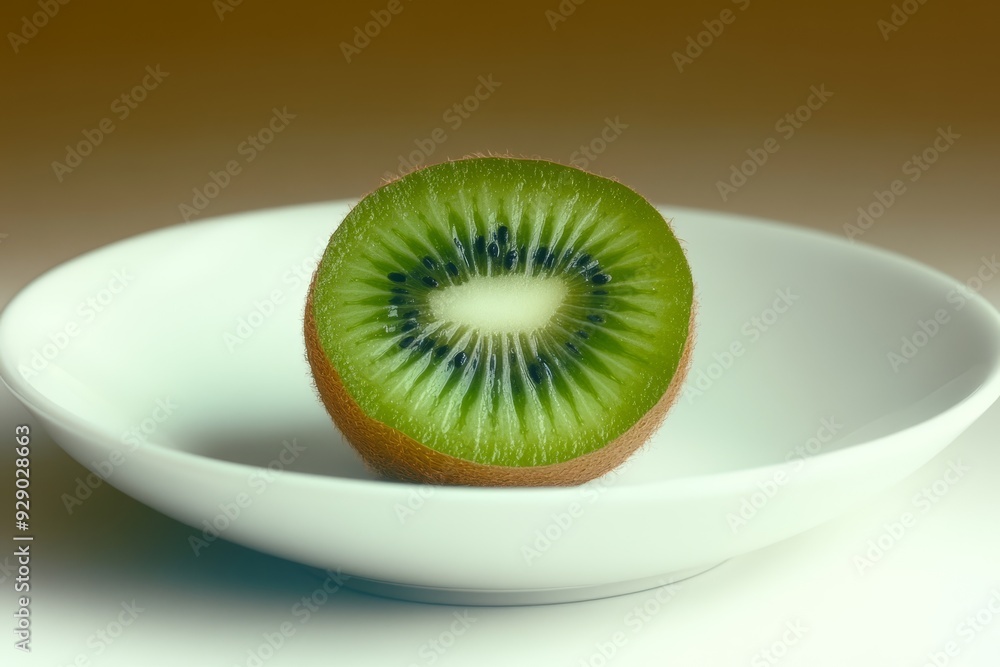 A fresh, halved kiwi fruit placed on a white plate with a gradient background. A fresh, halved kiwi fruit placed on a white plate with a gradient background.