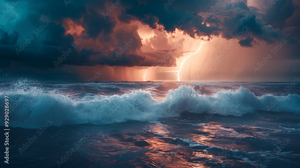 Fototapeta premium Dramatic stormy seascape with lightning striking through dark clouds and reflecting in the water.