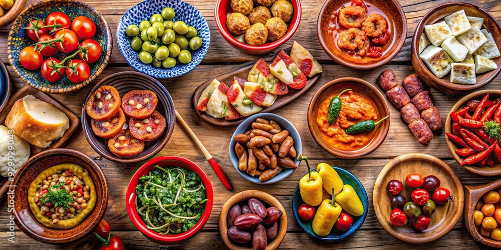 A colorful and diverse spread of traditional Spanish tapas , Tapas, Spanish, appetizers, variety A colorful and diverse spread of traditional Spanish tapas , Tapas, Spanish, appetizers, variety