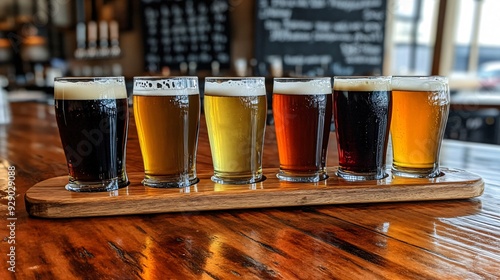 A flight of craft beers in various shades, from pale ale to stout, served on a wooden paddle, with a chalkboard displaying the beer names in the background