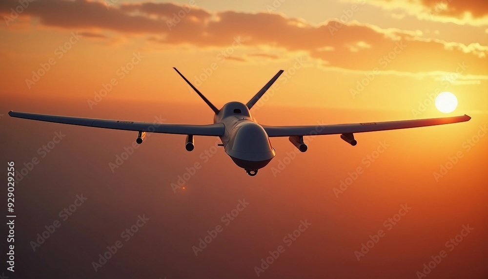 A UAV flies over a vast Middle Eastern desert, with warm landscape tones contrasting its cold metallic body, creating depth and space for text. A UAV flies over a vast Middle Eastern desert, with warm landscape tones contrasting its cold metallic body, creating depth and space for text.