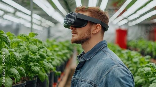 A man experiences advanced technology while immersed among vibrant plants in a greenhouse photo