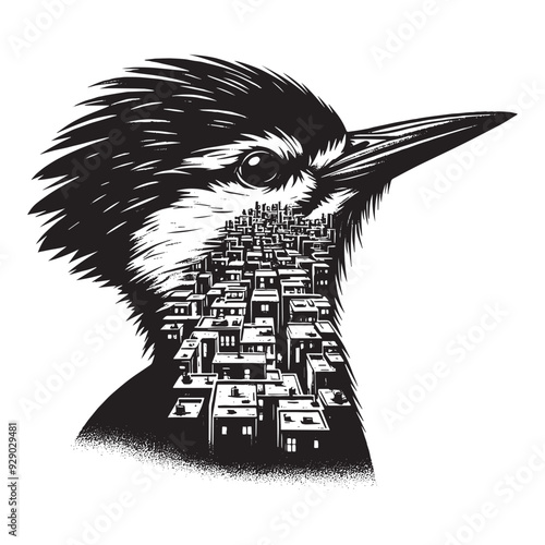silhouette of Woodpecker filled with ghetto street in rough drawing