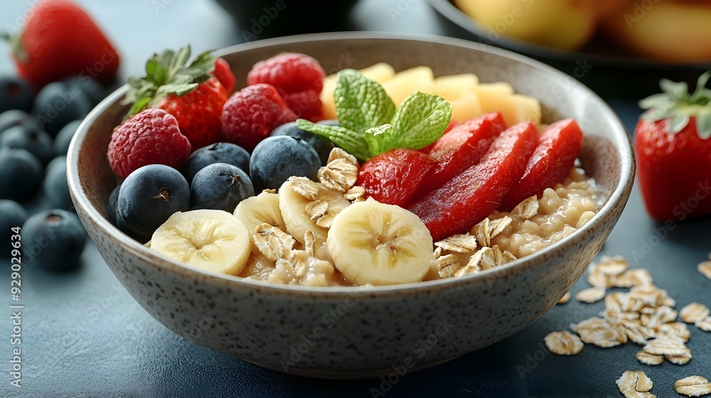 Organic Oatmeal Bowl with Fresh Seasonal Fruits 3D Organic Oatmeal Bowl with Fresh Seasonal Fruits 3D