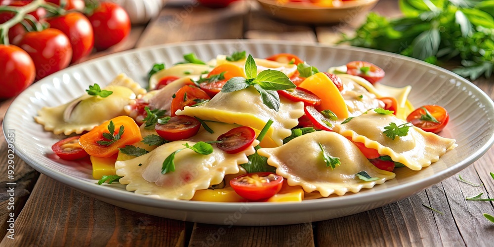 Ravioli dish with melted cheese garnished with colorful vegetables, ravioli, plate, cheese, vegetables, food, Italian, pasta, delicious Ravioli dish with melted cheese garnished with colorful vegetables, ravioli, plate, cheese, vegetables, food, Italian, pasta, delicious