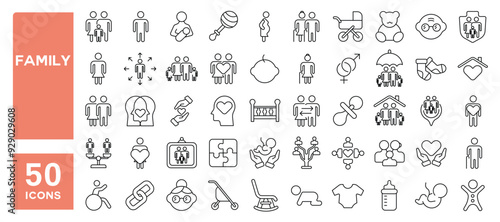 Set of 50 line icons related to family, parents, mother, father, son, daughter, children, baby, grandparents, grandfather, grandmother, Editable stroke. Vector illustration
