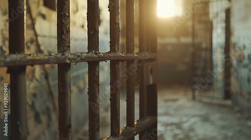 Rusty metal bars in a crumbling building.