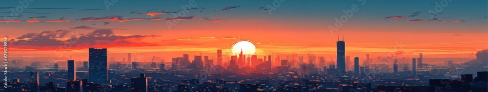 Fototapeta premium Enchanted anime-style City Skyline at Golden Hour: A Creative Marketing Concept Illustrating the Commuter's Journey,Anime-Style,illustration,Picture BooksFor Poster,Novel,UI,WEB,Game,Design,Abstract