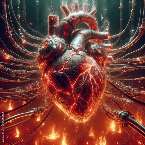 A futuristic, cybernetic heart pulsating with energy, surrounded by fiery elements, depicting the fusion of technology and emotion. photo