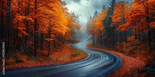 A beautiful mountain road winds through a forest in autumn. The trees have golden and red leaves. Soft light shines through. Image generated by AI