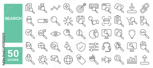 Set of 50 line icons related to search, magnifying glass, find, research, SEO, investigation, magnifier, inspection, detect, responsibility, Editable stroke. Vector illustration
