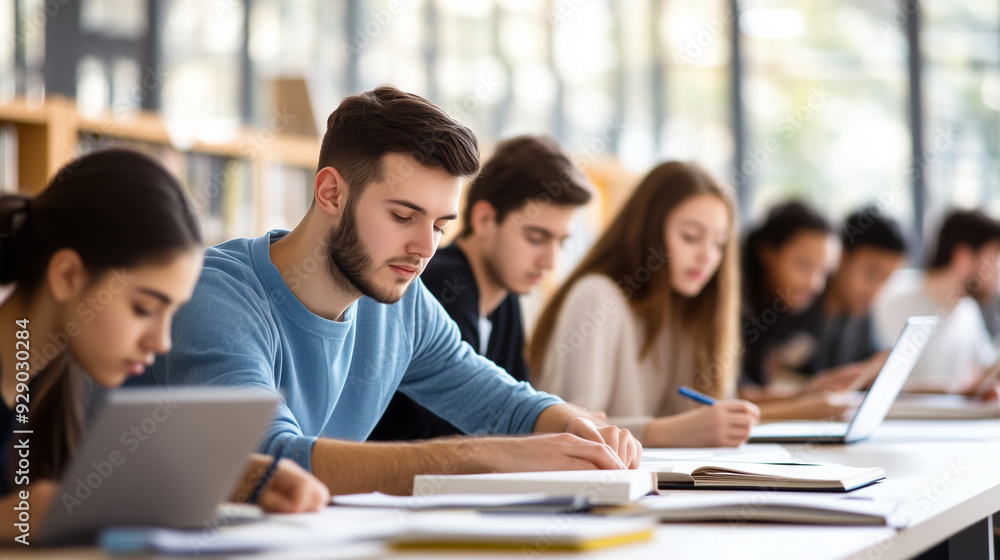 A group of university students studying in a well-lit, modern library. The scene captures the collaborative and individual efforts of students as they prepare for exams or work on A group of university students studying in a well-lit, modern library. The scene captures the collaborative and individual efforts of students as they prepare for exams or work on