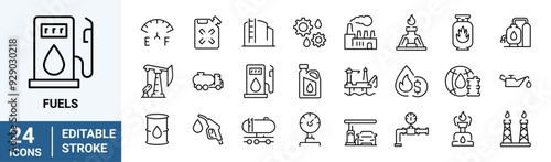Fuels web line icons. Oil gas. Contains such Icons as Gas Station, Oil Factory, Transportation. industry. Editable Stroke