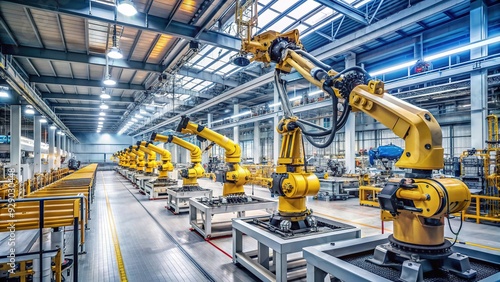 Modern industrial robots and machinery operate in a large, well-lit factory, with advanced technology and automation evident throughout the manufacturing facility.