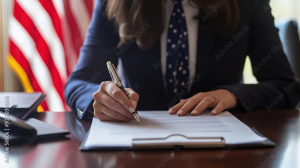 American Official Woman Signing Document with US Flag in the Background American Official Woman Signing Document with US Flag in the Background