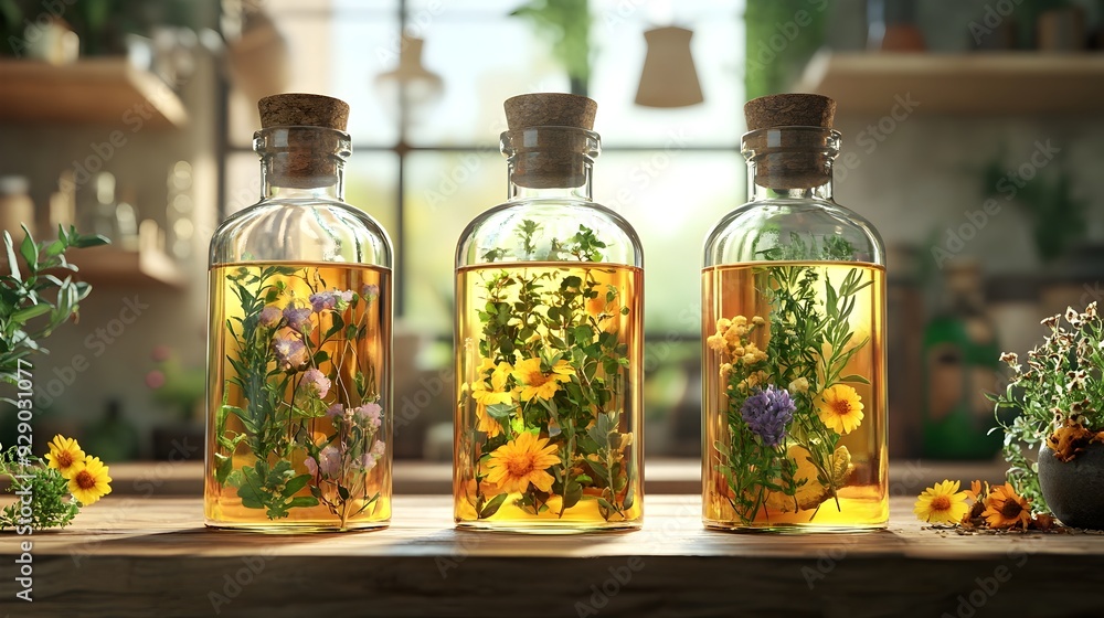Organic Herb Infused Oils in 3D Rendered Bottles with Botanical Ingredients Organic Herb Infused Oils in 3D Rendered Bottles with Botanical Ingredients
