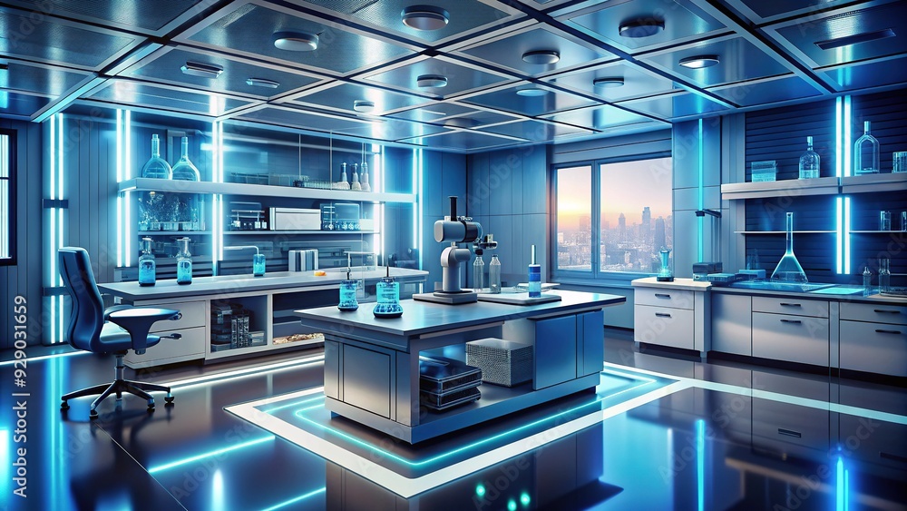 Modern laboratory interior with futuristic vector graphics and scientific equipment, microscopic views, and test tubes, representing innovative research and cutting-edge technology. Modern laboratory interior with futuristic vector graphics and scientific equipment, microscopic views, and test tubes, representing innovative research and cutting-edge technology.