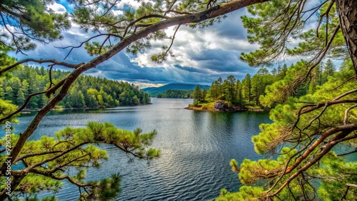 Scenic view of Rainy Lake Tsivlos through the tree branches, nature, landscape, water, reflection, trees, branches, rainy day photo