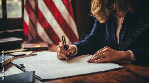 American Official Woman Signing Document with US Flag in the Background